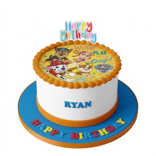 Round white birthday cake with Paw Patrol characters edible image, orange border, blue board, and "Happy Birthday" topper.