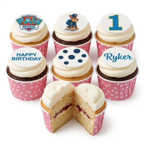 Paw Patrol themed birthday cupcakes with Chase, logo, custom age topper, and personalised name.