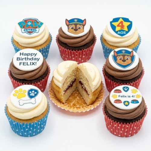 Paw Patrol themed cupcakes with Chase character, paw prints, bones, and custom age topper.