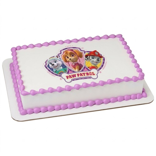 Rectangular white Paw Patrol birthday cake with Skye, Everest, and Marshall edible image and purple piped border.
