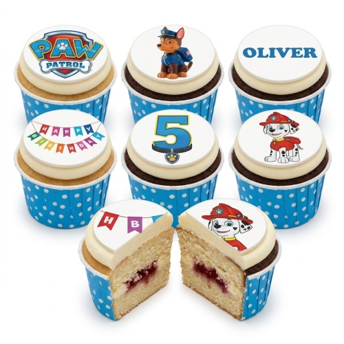 Paw Patrol themed birthday cupcakes with Chase, Marshall, Paw Patrol logo, custom age topper, and Happy Birthday banner.