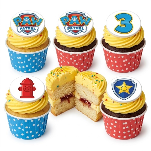 Paw Patrol themed cupcakes with yellow frosting, red and blue cases, and custom age topper