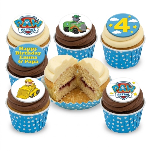 Paw Patrol themed cupcakes with character toppers, logo, and a custom age topper.