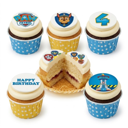Paw Patrol themed birthday cupcakes with character toppers, logo, lookout tower, custom age '4', and Happy Birthday message.