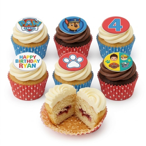 Paw Patrol themed cupcakes with various character toppers and a custom age number.