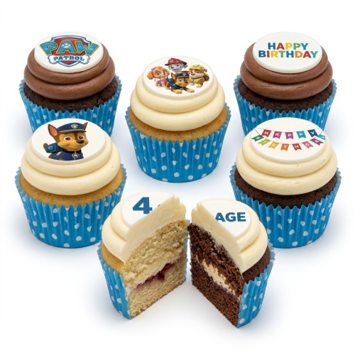 Paw Patrol themed cupcakes with character toppers, Paw Patrol logo, "Happy Birthday" banner, and custom age topper.