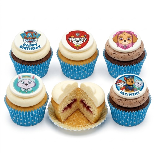 Assortment of Paw Patrol themed birthday cupcakes with character toppers and custom message examples.
