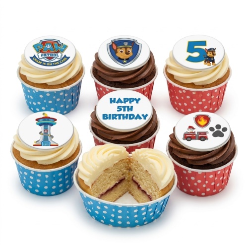Paw Patrol themed birthday cupcakes with Chase, Marshall, logo, and Lookout tower toppers, in blue and red polka dot cases, with a custom age example.