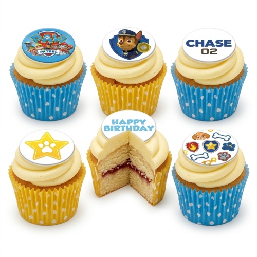 Paw Patrol themed birthday cupcakes with character, paw print, and bone toppers, in blue and yellow cases.