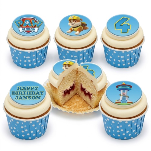Paw Patrol themed birthday cupcakes with Rubble, logo, lookout tower, and custom age topper