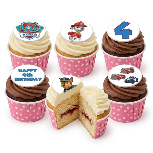 Paw Patrol themed cupcakes with Marshall, Chase, Ryder logo, emergency vehicles, and 'Happy Birthday' message.