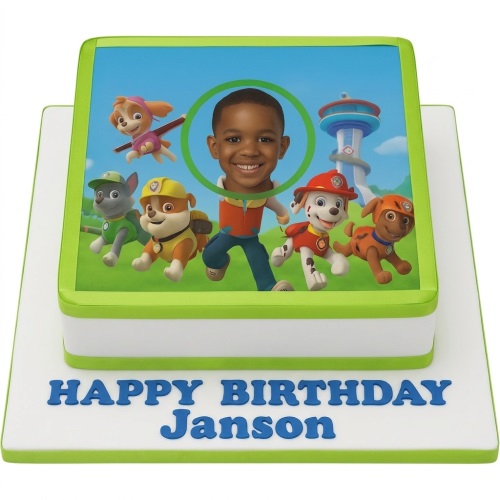 Square Paw Patrol themed birthday cake with a custom child's photo and a personalised name.