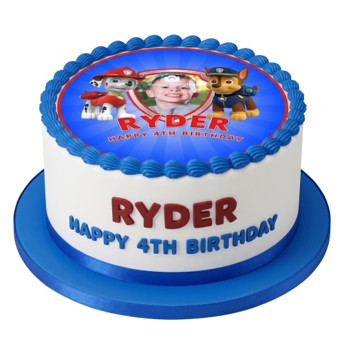 Round white Paw Patrol birthday cake with Marshall, Chase, a photo placeholder, and custom name and age.