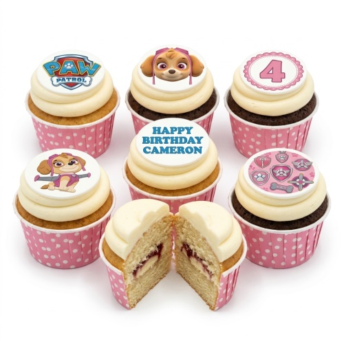 Paw Patrol Skye themed cupcakes with custom age topper and personalised message example