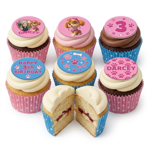 Paw Patrol Skye themed birthday cupcakes with paw prints, bones, and custom age toppers.