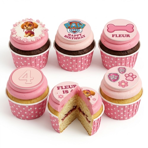 Pink Paw Patrol Skye birthday cupcakes with custom age and name toppers.
