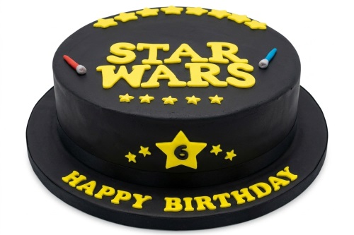 Round black Star Wars themed birthday cake with yellow logo, stars, lightsabers, and custom age topper.