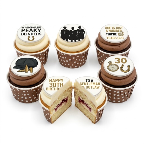 Peaky Blinders themed cupcakes with character silhouettes, flat cap, horseshoe, pocket watch, and custom age topper.