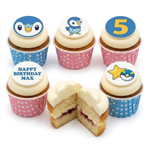 Pokemon themed birthday cupcakes with Piplup, Pokeball, star, custom age topper, and personalised message.