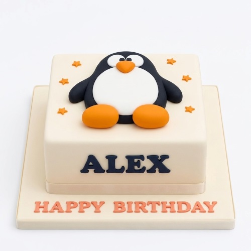 Square birthday cake with a 3D fondant penguin topper and orange star decorations. A custom name is on the side and 'Happy Birthday' on the board.