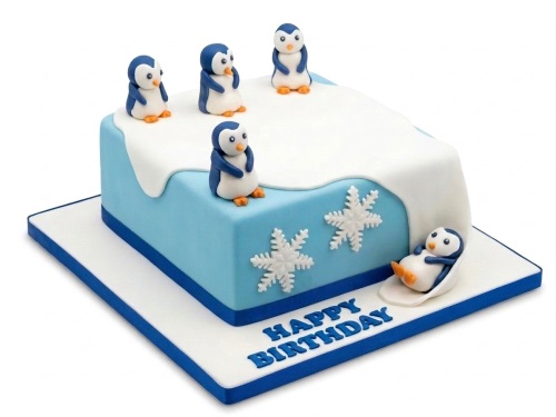 Rectangular light blue and white birthday cake with six penguin figurines and white snowflake decorations.