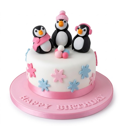 White round cake with three fondant penguins, pink and blue snowflakes, and a pink ribbon.
