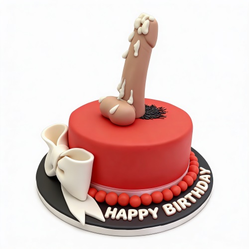 Red round cake with a 3D penis topper, white bow, and "Happy Birthday" message.