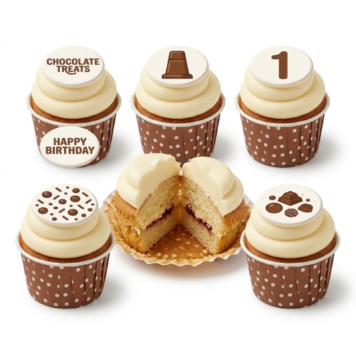 Chocolate themed birthday cupcakes with cream frosting, polka dot cases, and edible chocolate toppers.