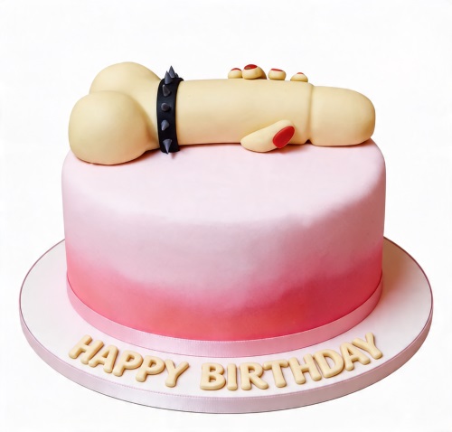 Pink ombre birthday cake with a phallic-shaped topper, studded collar, and red fingernails.