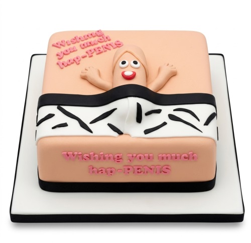 Square skin-toned cake with a 3D penis figure in boxer shorts and 'Wishing you much hap-PENIS' message.