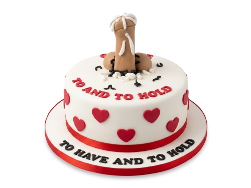 White round cake with a brown penis topper, red hearts, and 'To Have and To Hold' message.