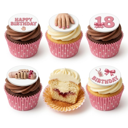 Six cupcakes with pink polka dot wrappers, featuring rude and funny birthday toppers.