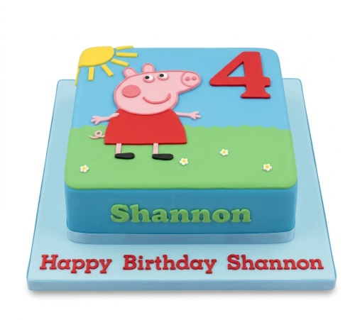 Square Peppa Pig birthday cake with a custom age topper and personalised name.