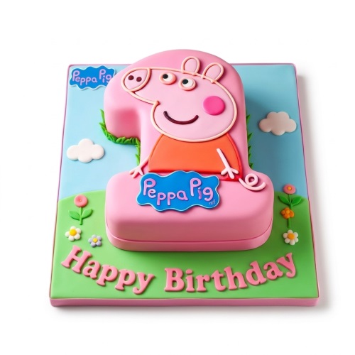 Pink number one shaped cake with Peppa Pig character, green grass, blue sky, and 'Happy Birthday' message.