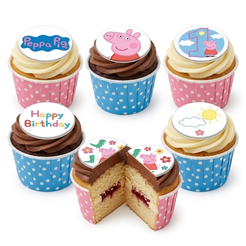 Assortment of Peppa Pig themed birthday cupcakes with vanilla and chocolate frosting, featuring character and logo toppers.