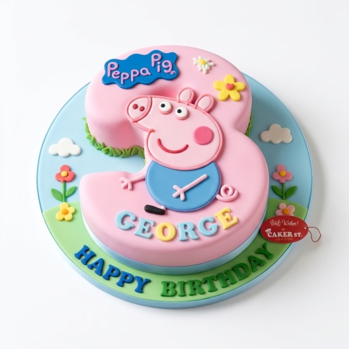Pink number cake with George Pig, Peppa Pig logo, flowers, and custom message.