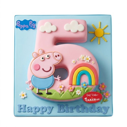 Peppa Pig number 5 birthday cake with rainbow, clouds, and sun on a blue board.