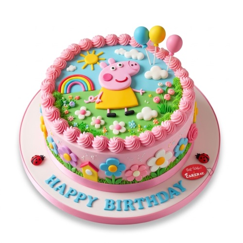 Round pink Peppa Pig birthday cake with rainbow, sun, balloons, and flowers.