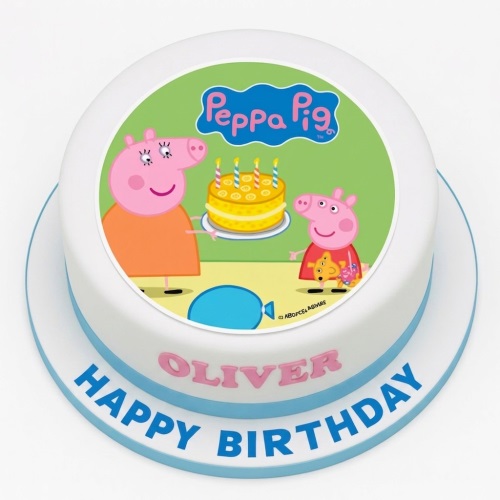 Round white Peppa Pig birthday cake with edible image of Peppa and George, blue base.