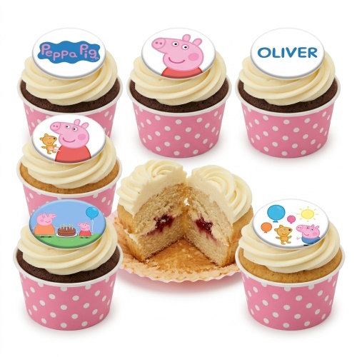 Peppa Pig themed cupcakes with white frosting and pink polka dot wrappers, featuring various Peppa Pig characters and a custom name example.