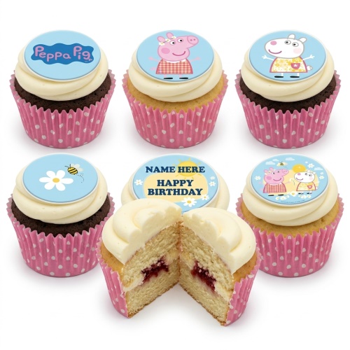 Set of Peppa Pig themed cupcakes with white icing, pink polka dot wrappers, and edible character toppers including a custom 'NAME HERE HAPPY BIRTHDAY' message.