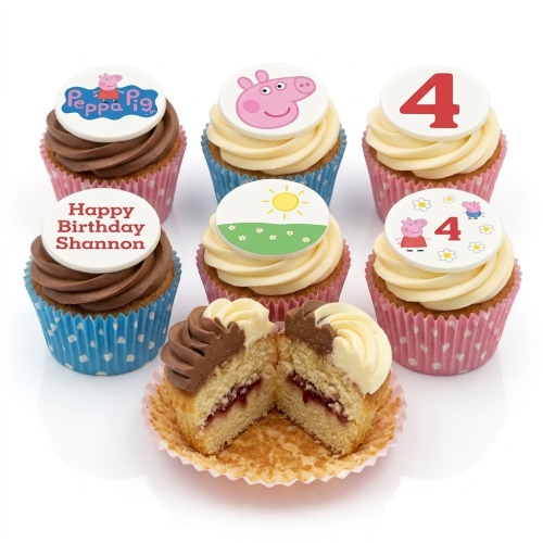 Peppa Pig themed birthday cupcakes with character and sun toppers, featuring a custom age number.