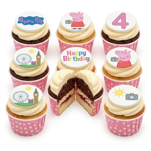 Peppa Pig themed birthday cupcakes with white icing, pink wrappers, and edible toppers including Peppa Pig, London landmarks, and a number 4.
