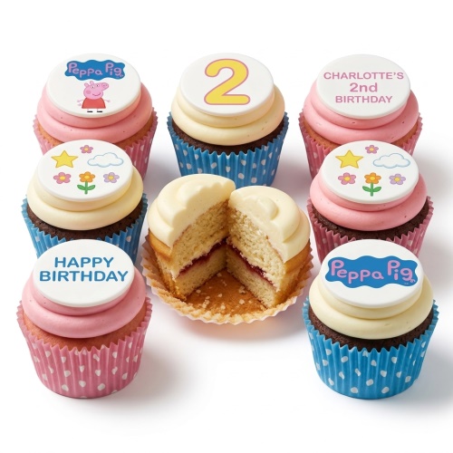 Peppa Pig themed birthday cupcakes with a number 2 topper and floral designs.