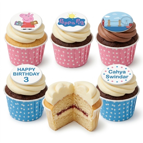 Peppa Pig themed birthday cupcakes with white and chocolate icing, custom age topper, and personalised name topper.
