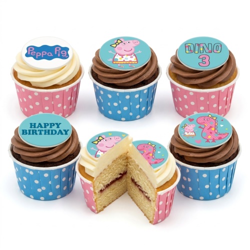 Peppa Pig and dinosaur themed cupcakes with custom age and Happy Birthday toppers, in pink and blue polka dot cases.