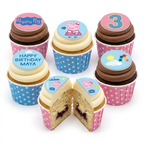 Assortment of Peppa Pig themed birthday cupcakes with edible toppers, including Peppa Pig logo, characters, a number, and a personalised message example.