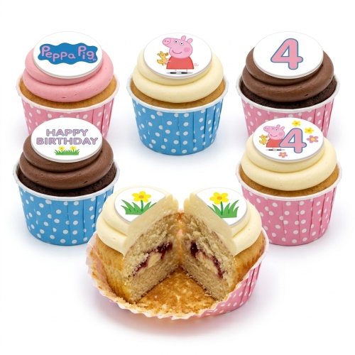 Assortment of Peppa Pig themed birthday cupcakes with "Happy Birthday" and custom age 4 toppers.