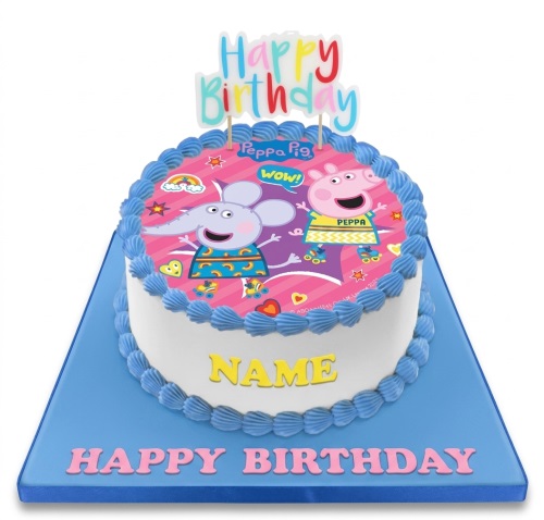 Round white Peppa Pig birthday cake with blue piping, featuring Peppa Pig and elephant on roller skates, with a custom name and 'Happy Birthday' message, topped with a 'Happy Birthday' candle.
