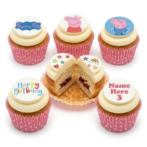 Peppa Pig and George Pig birthday cupcakes with custom age and name toppers.